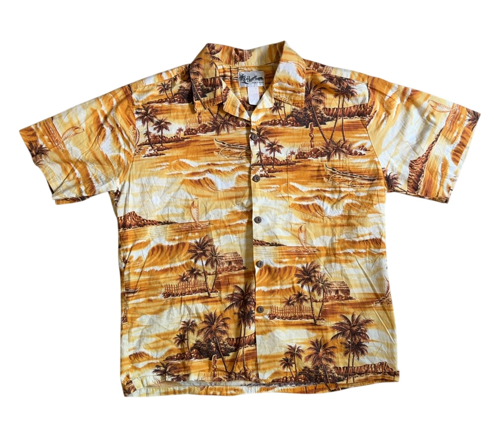 Howie Made in Hawaii Aloha Shirt Yellow Brown Scenic Print Coconut Buttons